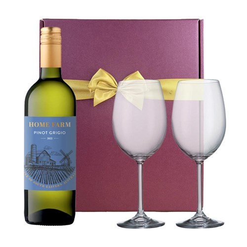 The Home Farm Pinot Grigio 75cl White Wine & Wine Glasses Gift Box